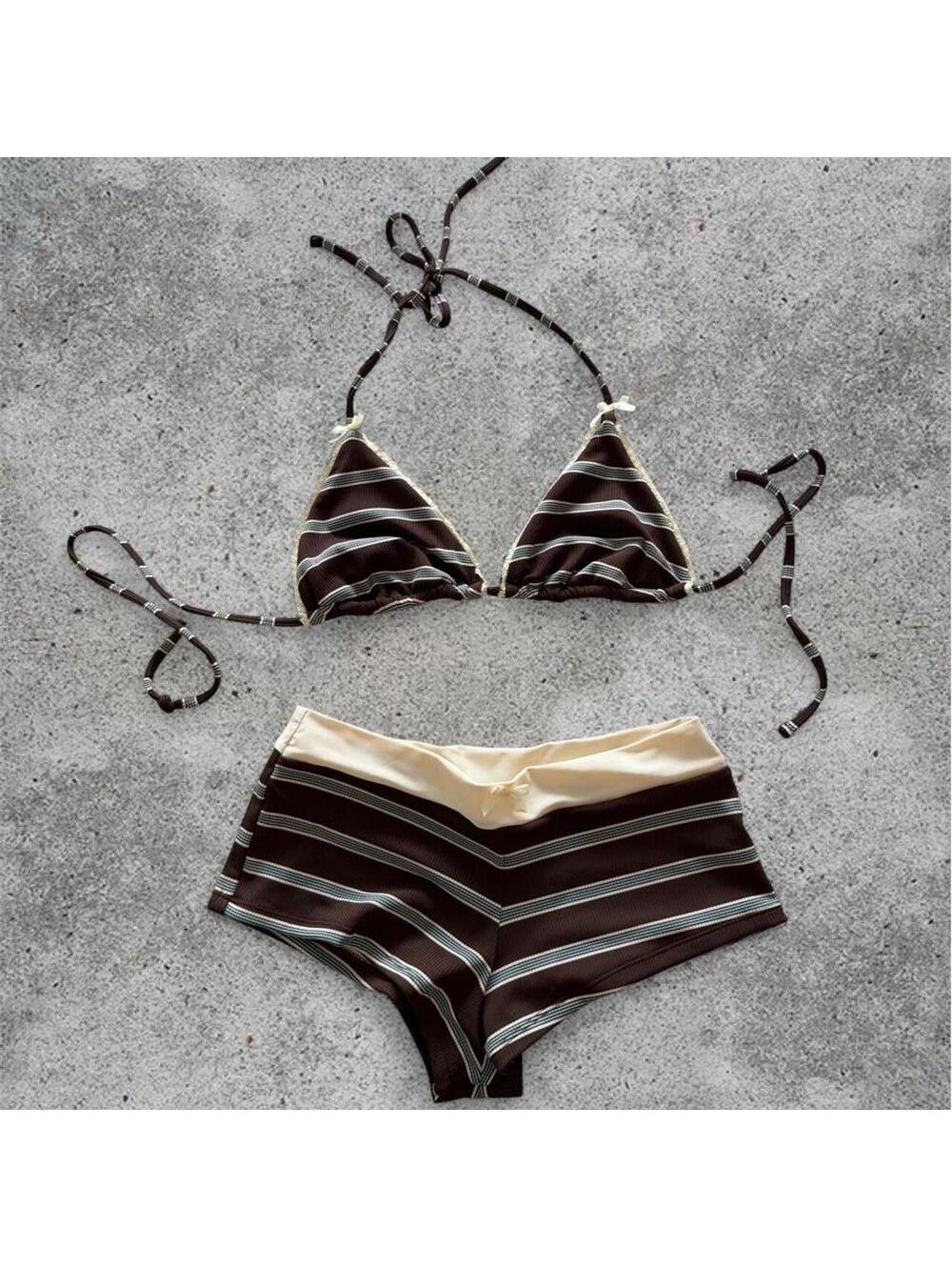 Brown and blue striped bikini set by janexswim